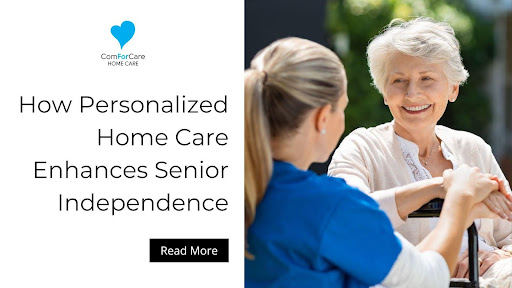  A companion care person helps a senior on the right with the blog title on the left.
